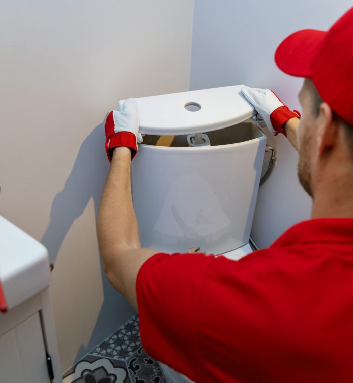 plumbing services - plumber working in bathroom installing toilet wc water tank